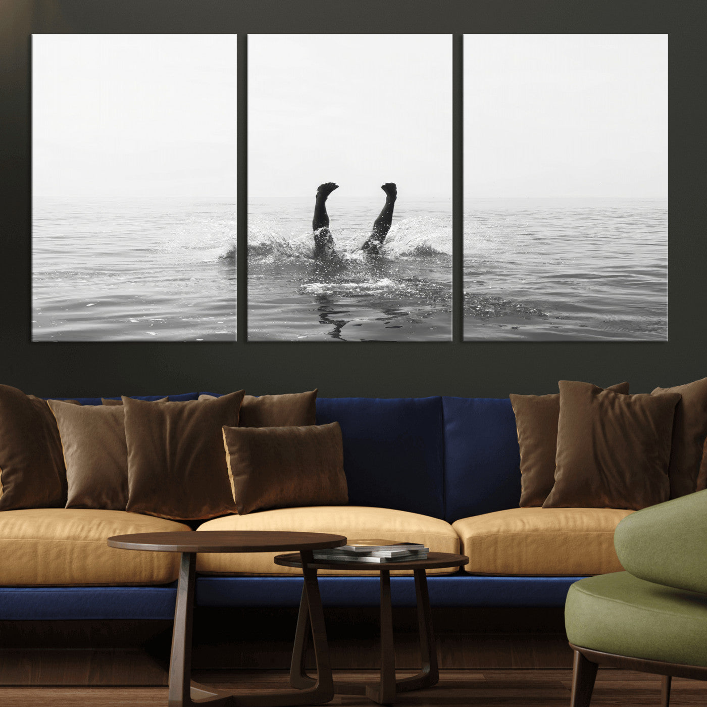 26667396-MGV-CV-36X24-Black White Ocean Wall Art Canvas Print, Framed Monochrome Water Art Picture Print, Diving into Water Perfect Minimalist Aquatic