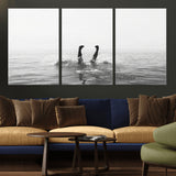 26667396-MGV-CV-36X24-Black White Ocean Wall Art Canvas Print, Framed Monochrome Water Art Picture Print, Diving into Water Perfect Minimalist Aquatic