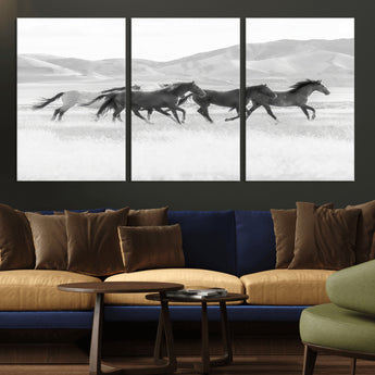 69934913-MGV-CV-36X24-Wild Horses Running Wall Art Canvas Print, Framed Black White Mustangs Art Picture Print, Rustic Western Perfect Rustic Western