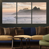 70644906-MGV-CV-36X24-Sunset Surfing Wall Art Canvas Print, Framed Misty Mountains Art Picture Print, Surfer Riding Wave Perfect Coastal Adventure Decor