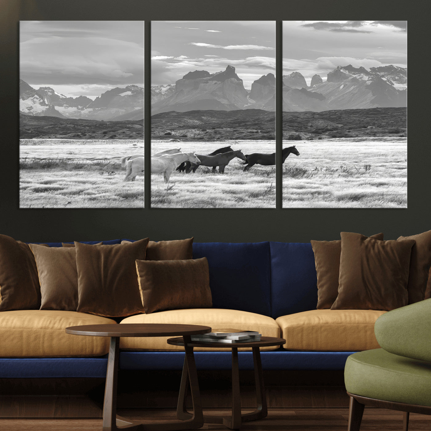 21655040-MGV-CV-36X24-Wild Horses Wall Art Canvas Print, Framed Black White Mountains Art Picture Print, Rustic Countryside Perfect Rustic Western Decor
