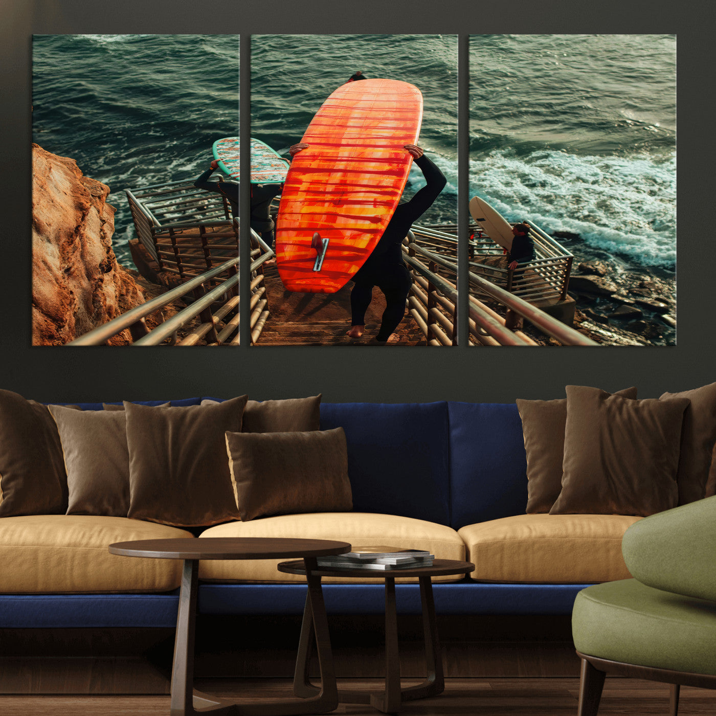 84555848-MGV-CV-36X24-Surfer Stairway Wall Art Canvas Print, Framed Ocean Surf Art Picture Print, Sunset Coastal Perfect Coastal Adventure Decor Artwork