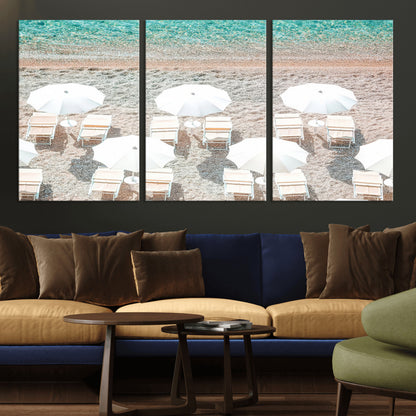 83736167-MGV-CV-36X24-Calm Beach Wall Art Canvas Print, Framed Turquoise Water Art Picture Print, Umbrella Shoreline Perfect Coastal Minimalist Decor