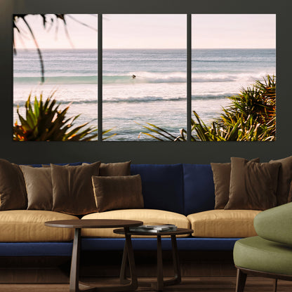 23287092-MGV-CV-36X24-Ocean Surfer Wall Art Canvas Print, Framed Coastal Surf Art Picture Print, Tropical Beach Perfect Tropical Coastal Decor Artwork