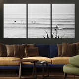 33821421-MGV-CV-36X24-Surfer Silhouette Wall Art Canvas Print, Framed Calm Ocean Art Picture Print, Monochrome Surf Perfect Minimalist Coastal Decor