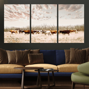 64892775-MGV-CV-36X24-Longhorn Cattle Wall Art Canvas Print, Framed Texas Ranch Art Picture Print, Western Cow Perfect Western Decor Artwork