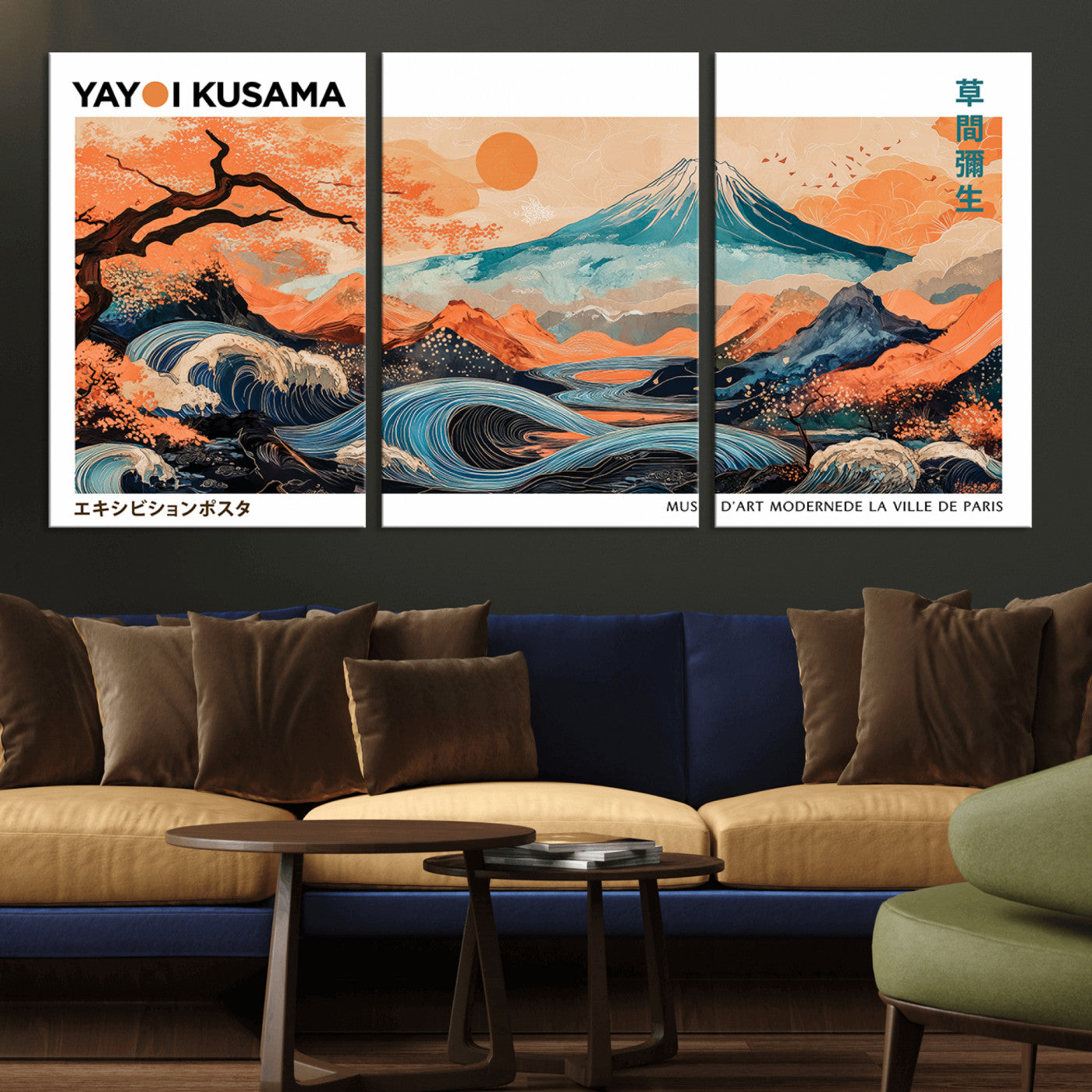 88785870-MGV-CV-36X24-Japanese Great Wave & Mt Fuji Wall Art – Ukiyo e Style Landscape Print with Flowing River, Autumn Mountain Poster, Oriental Asian