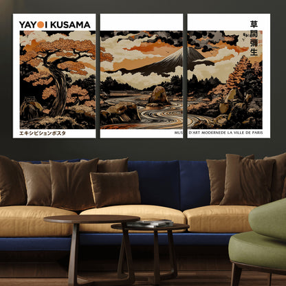 96372548-MGV-CV-36X24-Japanese Landscape Wall Art Print – Mt. Fuji Poster with Bonsai Tree & River, Ukiyo-e Inspired Modern Japanese Artwork, Autumn
