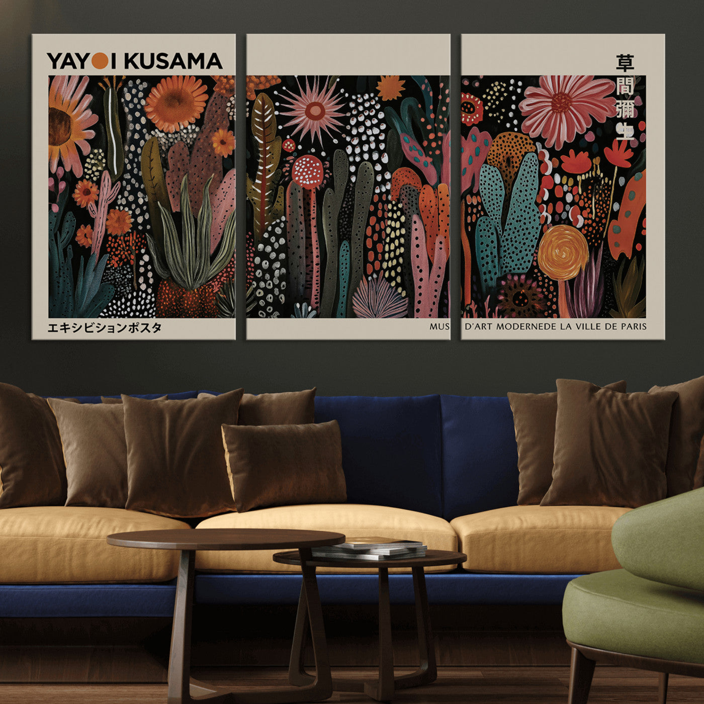 28344895-MGV-CV-36X24-Dark Floral Abstract Wall Art Poster – Modern Botanical Canvas Print with Beige Border, Kusama Inspired Boho Flower Painting,