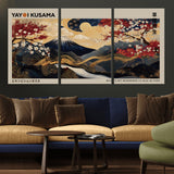 54967195-MGV-CV-36X24-Mount Fuji Wall Art – Japanese Cherry Blossom Abstract Canvas Print, Navy Gold Landscape Painting, Oriental Luxury Home Decor