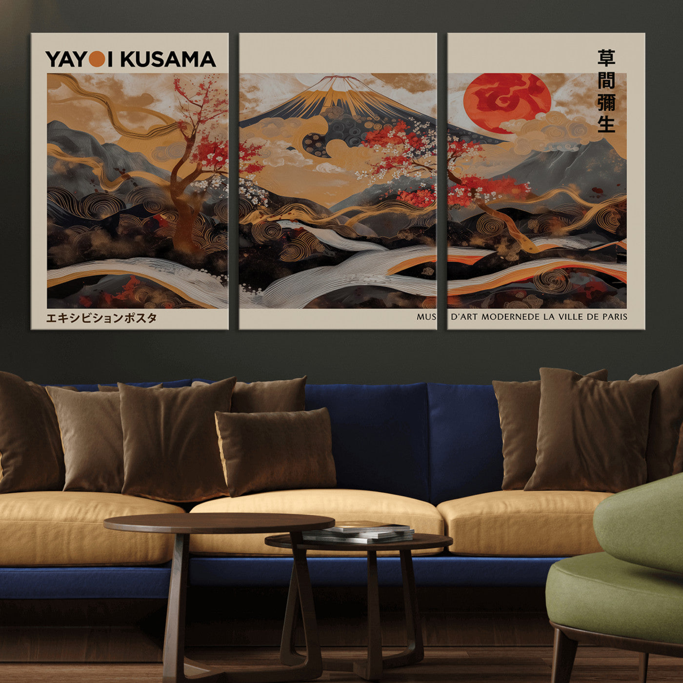 77970791-MGV-CV-36X24-Mount Fuji Golden Abstract Wall Art – Japanese Landscape Canvas Poster, Cherry Blossom & Red Sun Painting, Elegant Zen Oriental