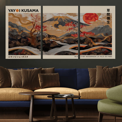 77970791-MGV-CV-36X24-Mount Fuji Golden Abstract Wall Art – Japanese Landscape Canvas Poster, Cherry Blossom & Red Sun Painting, Elegant Zen Oriental