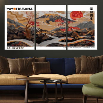85375874-MGV-CV-60X30-3P-Mount Fuji Abstract Wall Art – Japanese Landscape Canvas Print, Cherry Blossom & Red Sun Painting, Elegant Modern Zen Asian Home