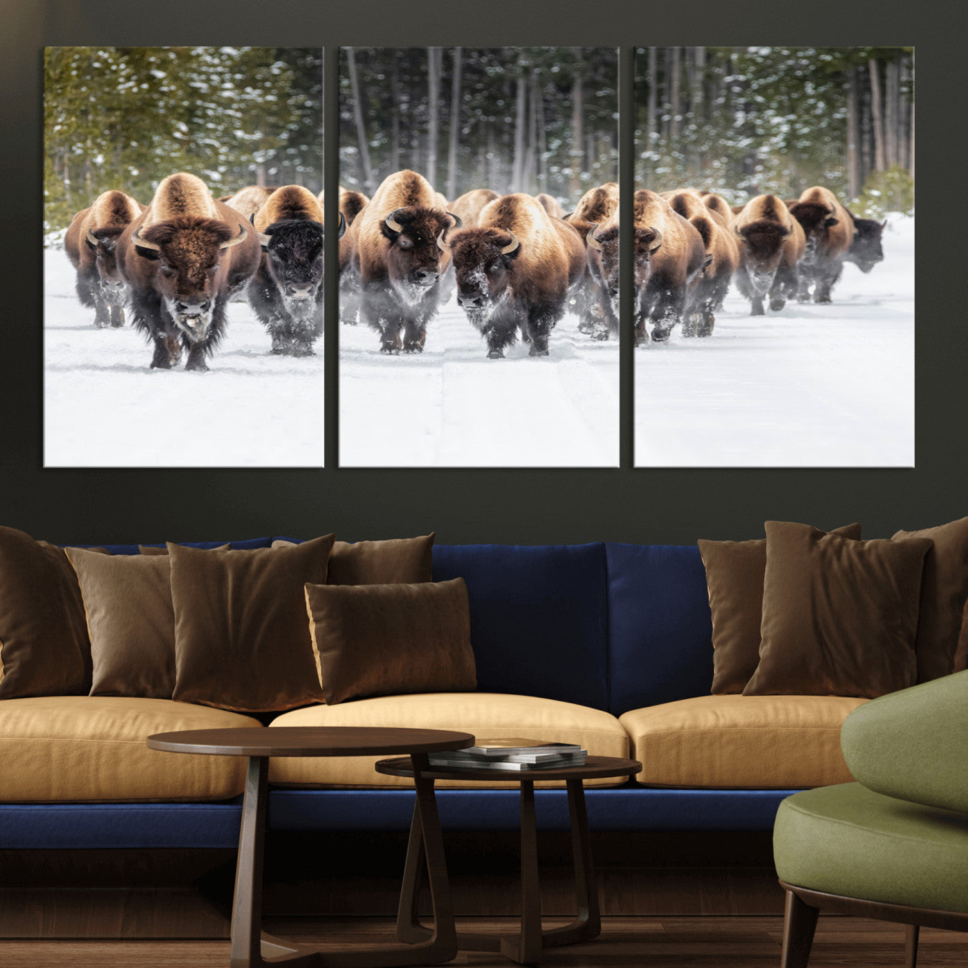 22695857-MGV-CV-36X24-Bison Herd Scene Wall Art Canvas Print, Framed Western Wildlife Art Picture Print, Rustic Animal Art Perfect Rustic Lodge Decor