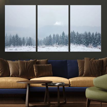 33033082-MGV-CV-36X24-Winter Forest Art Wall Art Canvas Print, Framed Snowy Landscape Art Picture Print, Misty Tree Scene Perfect Nordic Minimalist