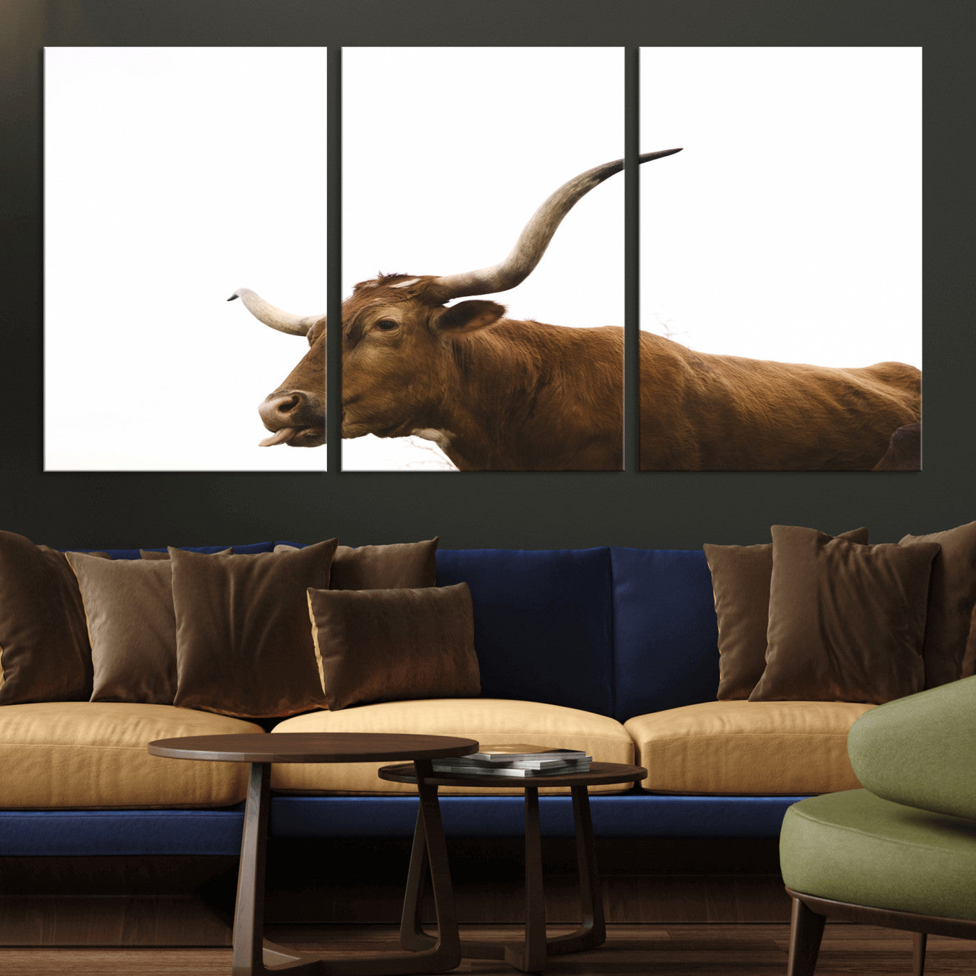 62566114-MGV-CV-36X24-Longhorn Cow Art Wall Art Canvas Print, Framed Rustic Animal Decor Art Picture Print, Texas Bull Photo Perfect Rustic Farmhouse