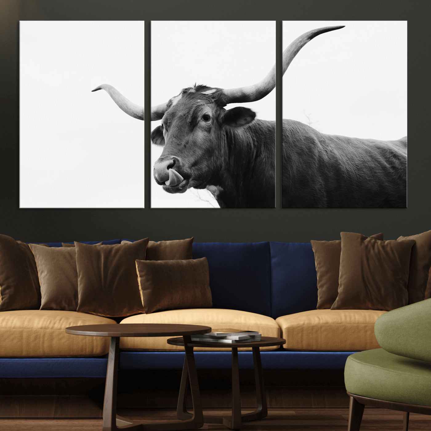 99244177-MGV-CV-36X24-Longhorn Photography Wall Art Canvas Print, Framed Western Cow Decor Art Picture Print, Black White Bull Perfect Modern Rustic