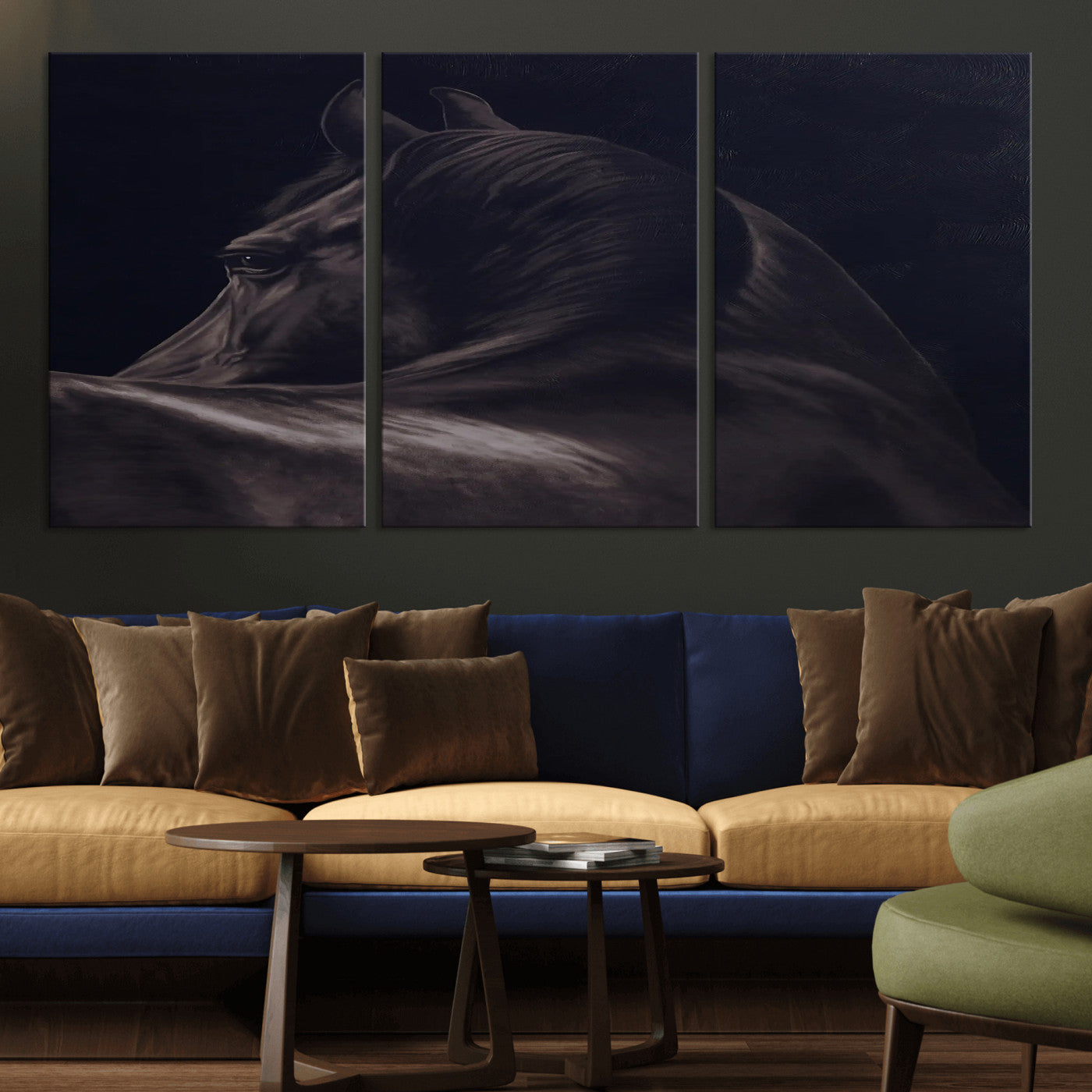 67026880-MGV-CV-36X24-Black Horse Portrait Wall Art Canvas Print, Framed Moody Horse Decor Art Picture Print, Equestrian Wall Style Perfect Masculine