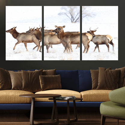 68738684-MGV-CV-36X24-Winter Elk Scene Wall Art Canvas Print, Framed Wildlife Photography Art Picture Print, Snowy Deer Decor Perfect Rustic Lodge Decor