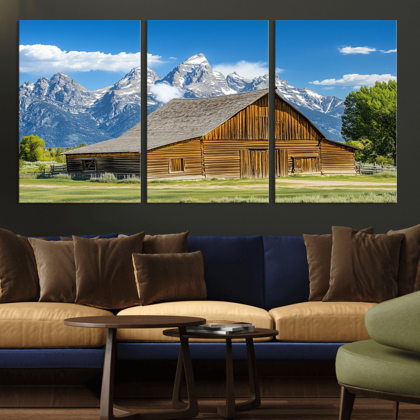 75948467-MGV-CV-36X24-Mountain Barn Scene Wall Art Canvas Print, Framed Rustic Farmhouse Style Art Picture Print, Country Cabin Decor Perfect Rustic