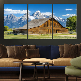 75948467-MGV-CV-36X24-Mountain Barn Scene Wall Art Canvas Print, Framed Rustic Farmhouse Style Art Picture Print, Country Cabin Decor Perfect Rustic