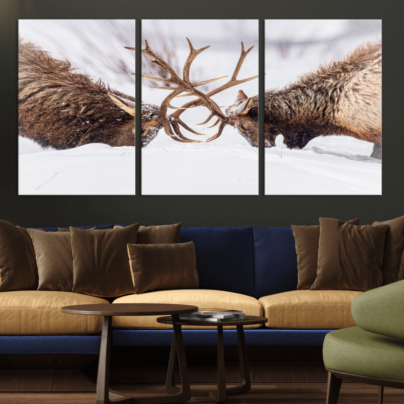 36507609-MGV-CV-36X24-Elk Clash Scene Wall Art Canvas Print, Framed Wildlife Strength Decor Art Picture Print, Snowy Forest Elk Perfect Rustic Lodge