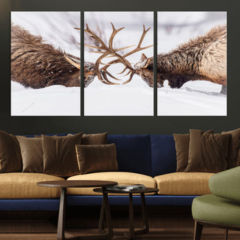 36507609-MGV-CV-36X24-Elk Clash Scene Wall Art Canvas Print, Framed Wildlife Strength Decor Art Picture Print, Snowy Forest Elk Perfect Rustic Lodge