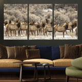 90269422-MGV-CV-36X24-Elk Herd Scene Wall Art Canvas Print, Framed Rustic Wildlife Decor Art Picture Print, Western Cabin Style Perfect Rustic Lodge