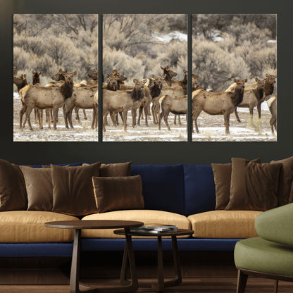 90269422-MGV-CV-36X24-Elk Herd Scene Wall Art Canvas Print, Framed Rustic Wildlife Decor Art Picture Print, Western Cabin Style Perfect Rustic Lodge