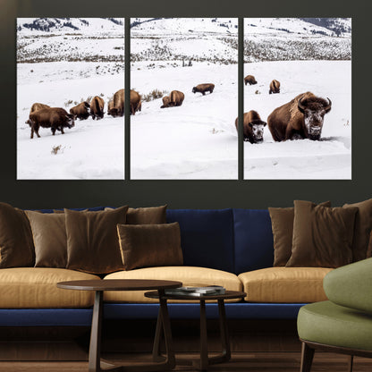 13891210-MGV-CV-36X24-Bison Herd Scene Wall Art Canvas Print, Framed Western Wildlife Decor Art Picture Print, Snowy Mountain Valley Perfect Rustic