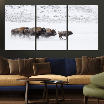 56216945-MGV-CV-36X24-Bison Herd Decor Wall Art Canvas Print, Framed Snowy Bison Scene Art Picture Print, Winter Wildlife Theme Perfect Rustic Western