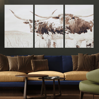 48161868-MGV-CV-36X24-Longhorn Cow Decor Wall Art Canvas Print, Framed Rustic Cattle Art Picture Print, Sepia Western Vibe Perfect Neutral Rustic