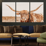 74406977-MGV-CV-36X24-Longhorn Bull Decor Wall Art Canvas Print, Framed Western Cow Theme Art Picture Print, Rustic Farmhouse Wall Perfect Neutral