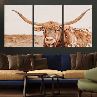 74406977-MGV-CV-36X24-Longhorn Bull Decor Wall Art Canvas Print, Framed Western Cow Theme Art Picture Print, Rustic Farmhouse Wall Perfect Neutral