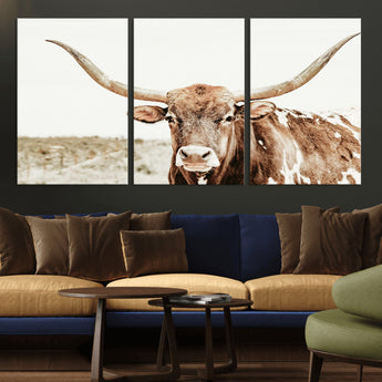 98924580-MGV-CV-36X24-Texas Longhorn Bull Wall Art Canvas Print, Framed Rustic Farmhouse Decor Art Picture Print, Western Animal Theme Perfect Rustic