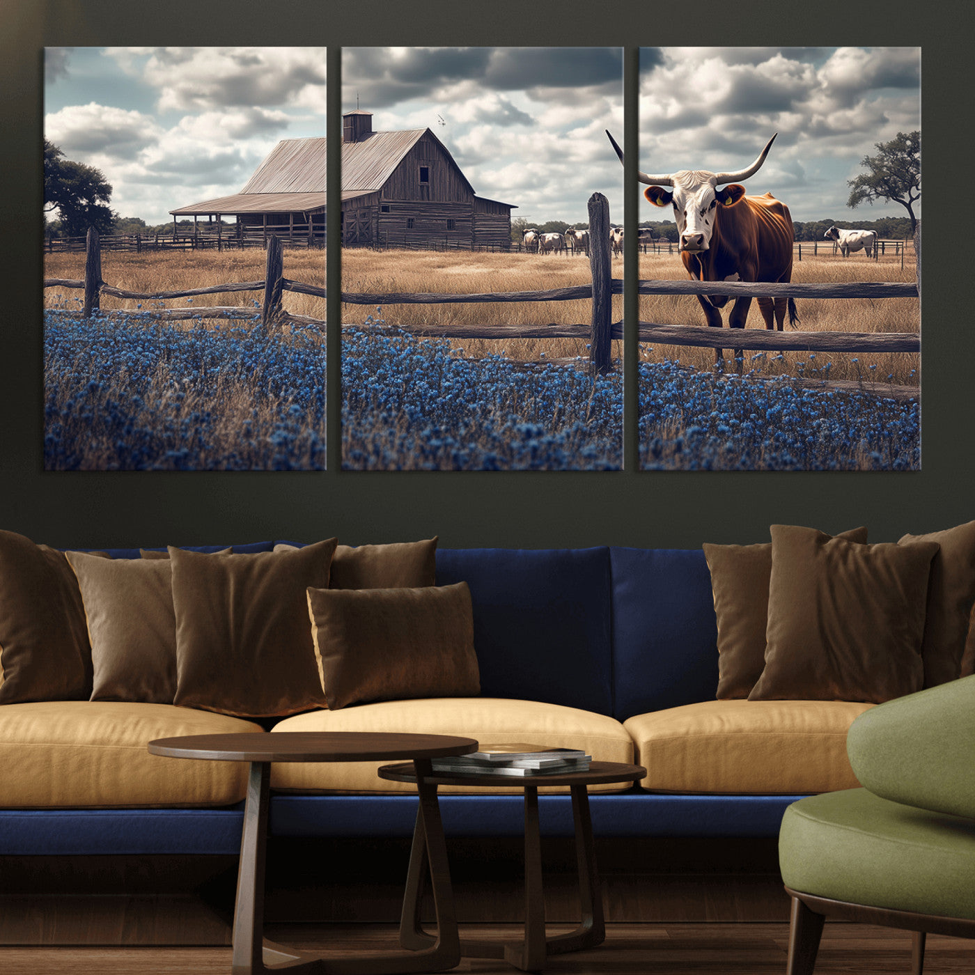 51092814-MGV-CV-60X30-3P-Texas Longhorn Wall Art Wall Art Canvas Print, Framed Rustic Barn Canvas Art Picture Print, Farmhouse Cow Decor Perfect Rustic