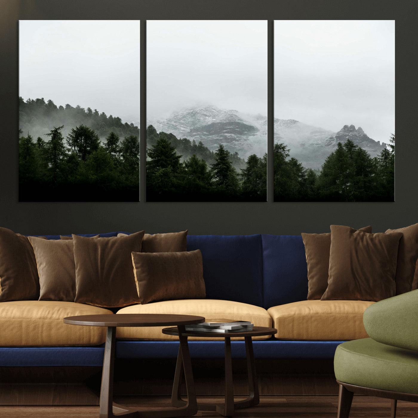 55968349-MGV-CV-36X24-Misty Mountains Wall Art Canvas Print, Framed Foggy Forest Art Picture Print, Snowy Peaks Perfect Moody Wilderness Decor Artwork