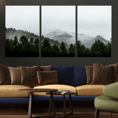 55968349-MGV-CV-36X24-Misty Mountains Wall Art Canvas Print, Framed Foggy Forest Art Picture Print, Snowy Peaks Perfect Moody Wilderness Decor Artwork