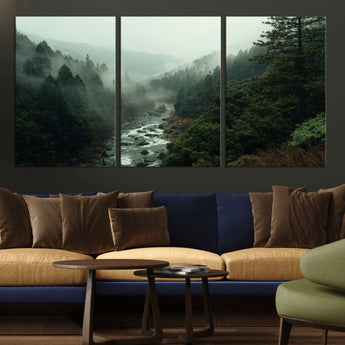 48497565-MGV-CV-36X24-Misty Forest Wall Art Canvas Print, Framed Foggy River Art Picture Print, Moody Landscape Perfect Moody Wilderness Decor Artwork