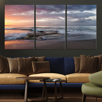 94208089-MGV-CV-36X24-Golden Hour Wall Art Canvas Print, Framed Tranquil Waves Art Picture Print, Beach Horizon Perfect Coastal Serenity Decor Artwork