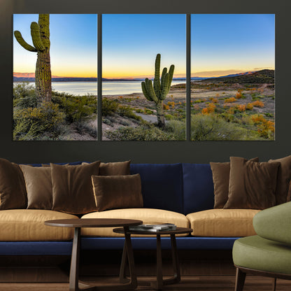 52844711-MGV-CV-36X24-Saguaro Cactus Wall Art Canvas Print, Framed Desert Sunset Art Picture Print, Southwestern Scene Perfect Southwestern Rustic Decor