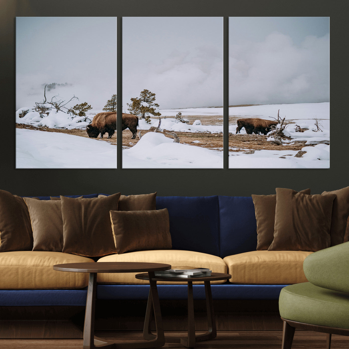 60308289-MGV-CV-36X24-Bison Wildlife Wall Art Canvas Print, Framed Snowy Prairie Art Picture Print, Western Landscape Perfect Rustic Winter Decor