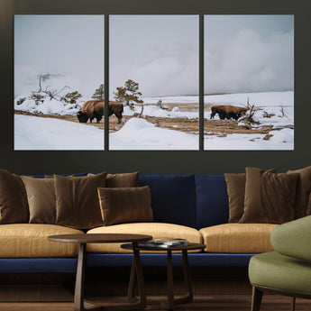 60308289-MGV-CV-36X24-Bison Wildlife Wall Art Canvas Print, Framed Snowy Prairie Art Picture Print, Western Landscape Perfect Rustic Winter Decor