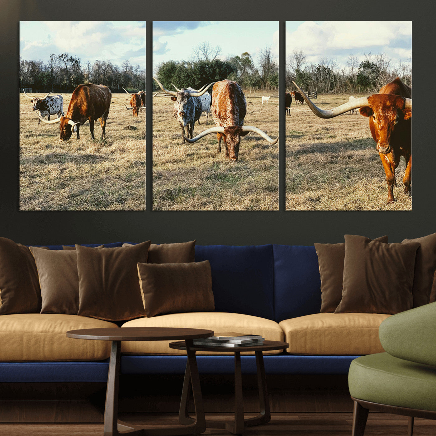 39144651-MGV-CV-36X24-Texas Longhorns Wall Art Canvas Print, Framed Rustic Farm Scene Art Picture Print, Western Cattle Perfect Rustic Farmhouse Decor