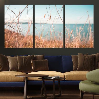 36108696-MGV-CV-60X30-3P-Coastal Grass Wall Art – Serene Ocean View Canvas Print, Beach Nature Photography Decor for Living Room, Bedroom, Office or Modern