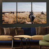 22431577-MGV-CV-36X24-Western Wall Art Wall Art Canvas Print, Framed Cowboy Canvas Art Picture Print, Cattle Drive Scene Perfect Rustic Western Decor