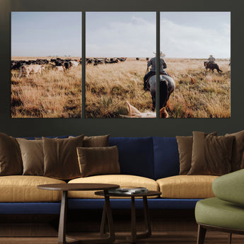 22431577-MGV-CV-36X24-Western Wall Art Wall Art Canvas Print, Framed Cowboy Canvas Art Picture Print, Cattle Drive Scene Perfect Rustic Western Decor