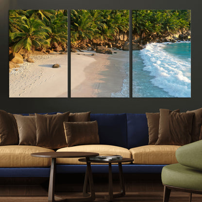 82312665-MGV-CV-36X24-Tropical Beach Wall Art Canvas Print, Framed Ocean Waves Art Picture Print, Palm Trees Perfect Coastal Minimalist Decor Artwork