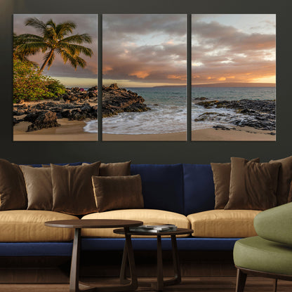 55108220-MGV-CV-36X24-Tropical Beach Wall Art Canvas Print, Framed Hawaiian Sunset Art Picture Print, Ocean Waves Perfect Coastal Tropical Decor Artwork