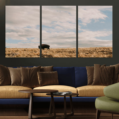 22754563-MGV-CV-36X24-Earthy Tones Wall Art Canvas Print, Framed Rustic Nature Art Picture Print, Solitary Buffalo Perfect Western Minimalist Decor